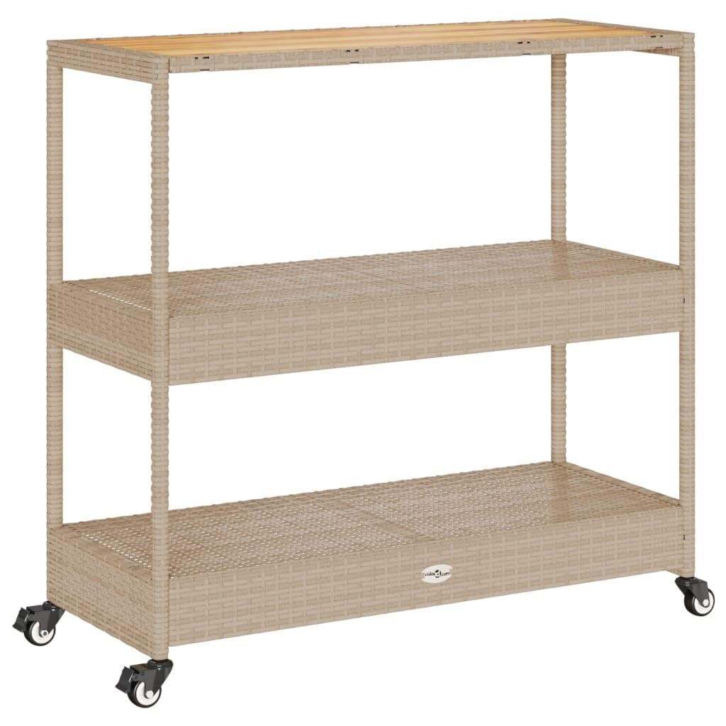vidaXL Barwagen 3 Böden Beige Poly Rattan und Massivholz Akazie, Beige