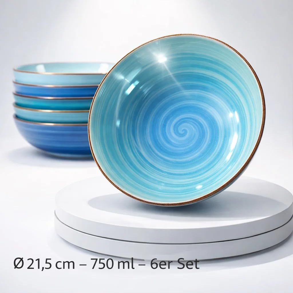 DRULINE 6er-Set Sky Suppenteller Maritime Blautöne | 650 ml | Ø 21.5 cm | Salatteller rund | Servier