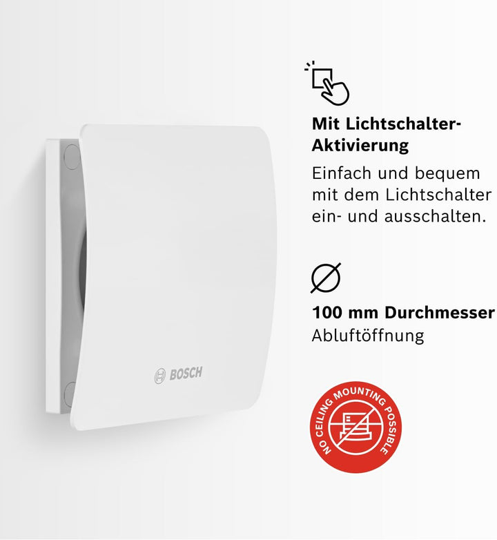 Bosch Thermotechnik Badlüfter Fan 1500 100mm Durchmesser, mit Lichtschalter-Aktivierung zur Wandmont