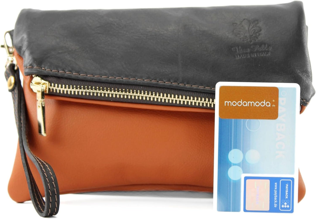 modamoda de - T95 - ital Umhängetasche aus Nappaleder Mini Camel/Dunkelbraun, Camel/Dunkelbraun