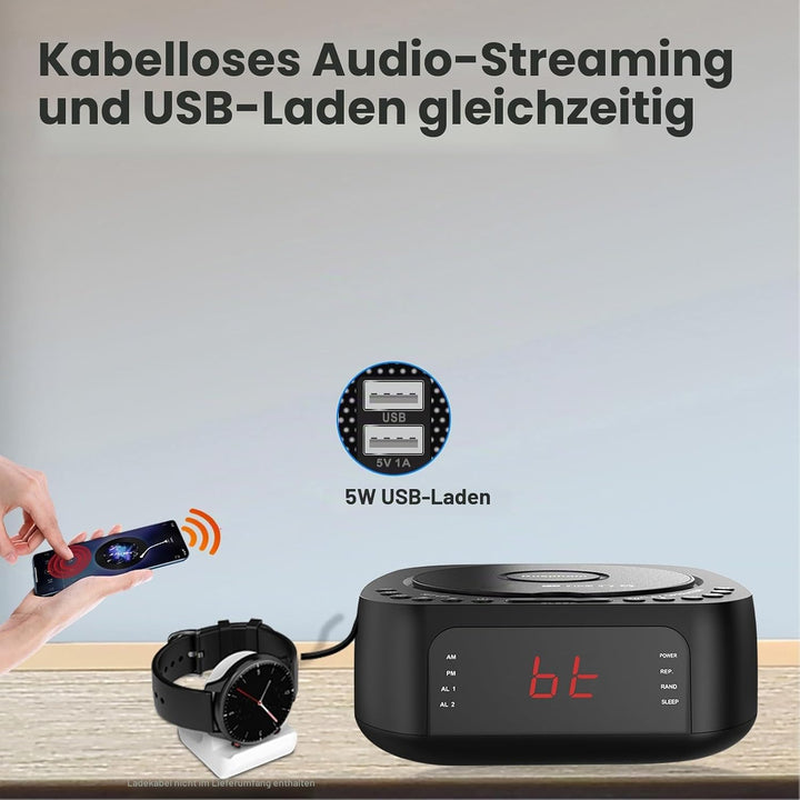 Fockety CD-Player-Wecker mit Fernbedienung, Bluetooth-Radiowecker mit Lautsprecher, UKW-Radio, Timer
