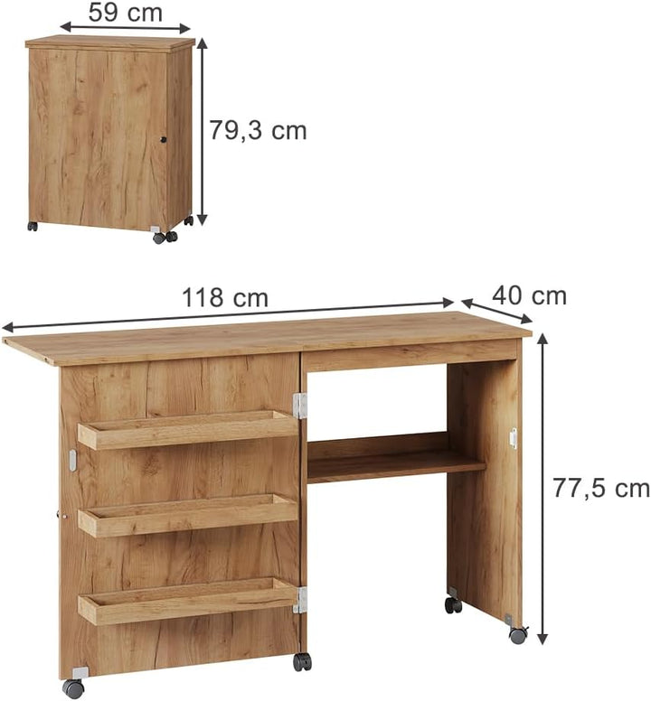 Vicco Nähtisch Carmen, Eiche, 118 x 77.5 cm mit 3 Regalfächer Eiche 118 cm, Eiche 118 cm