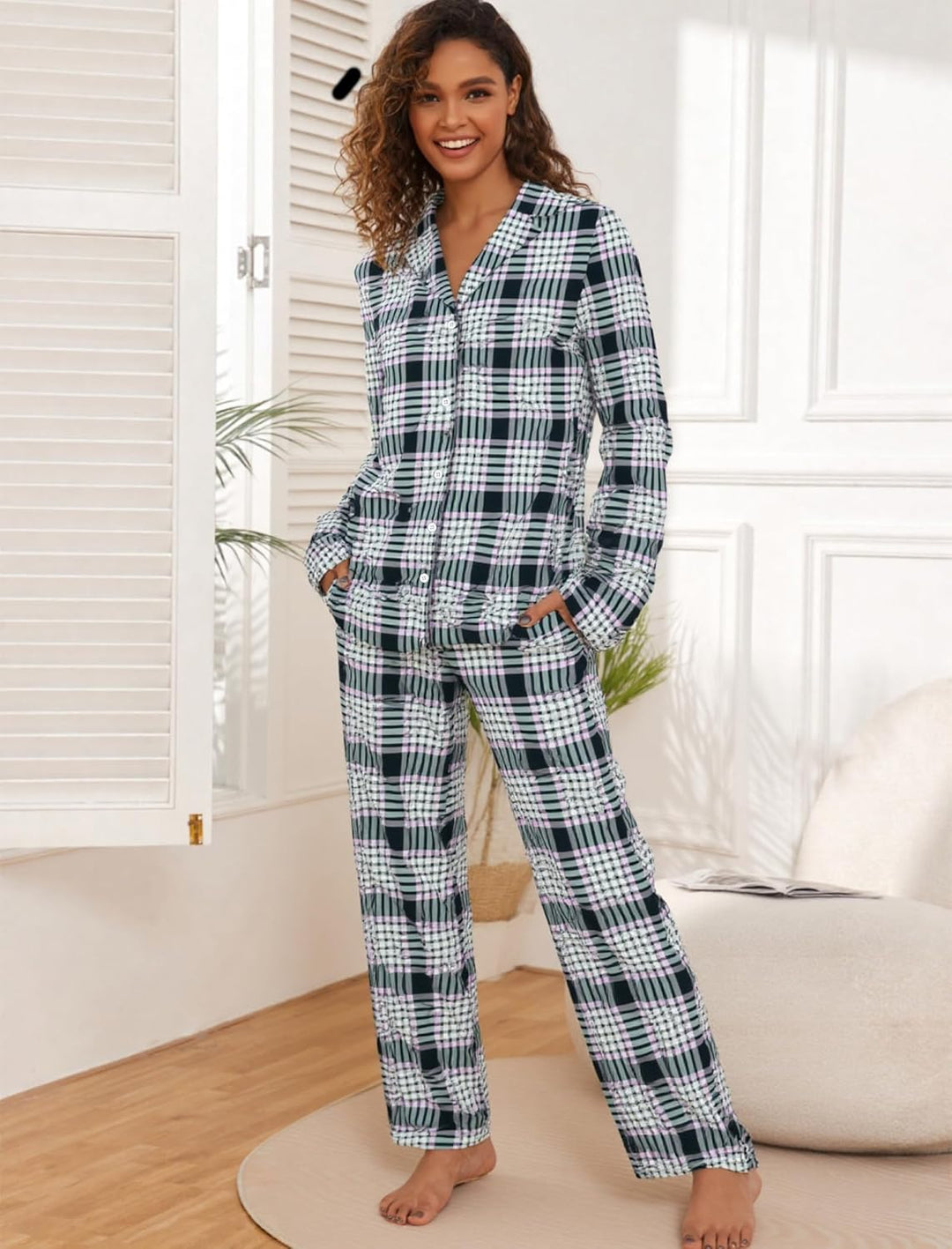 Famulily Frauen Langarm Pyjama Set Plaid Loungewear Sets Button Up Top und Wide Leg Hosen S-XXL, S S