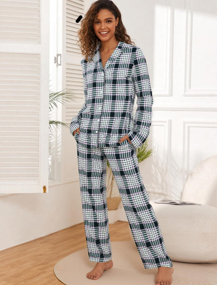 Famulily Frauen Langarm Pyjama Set Plaid Loungewear Sets Button Up Top und Wide Leg Hosen S-XXL, S S