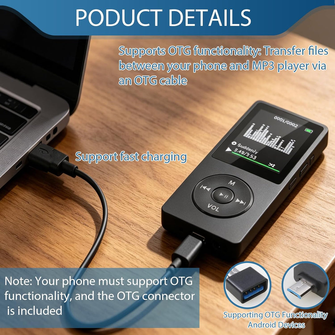 MP3 Player Bluetooth 5.3 mit 32 GB mit 1,8 Zoll Bildschirm HiFi 70 Std