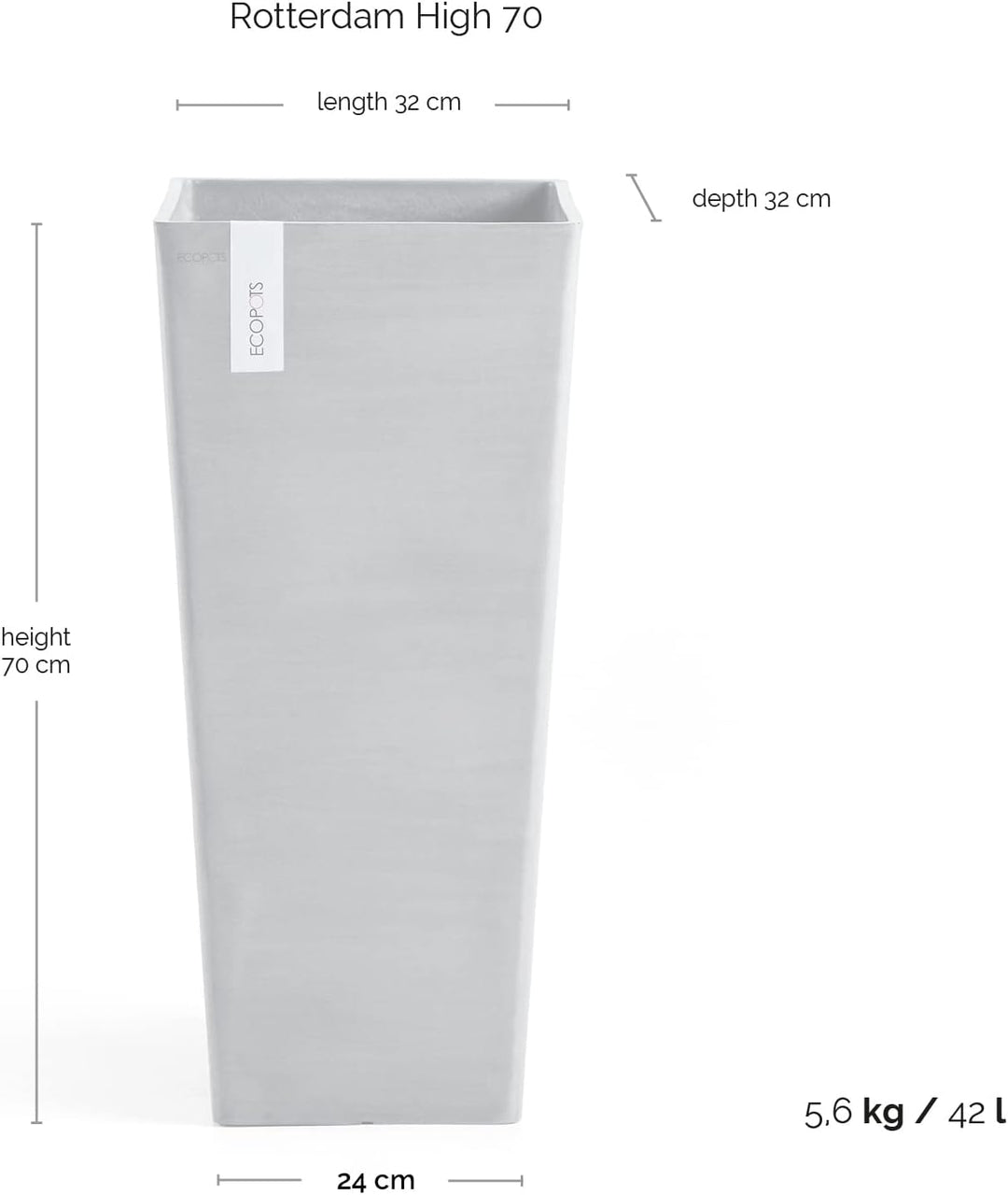 ECOPOTS Blumentopf Rotterdam Weiss Grau - 32 x 32 cm, 70 cm extra hoch - quadratisch gross - Pflanze