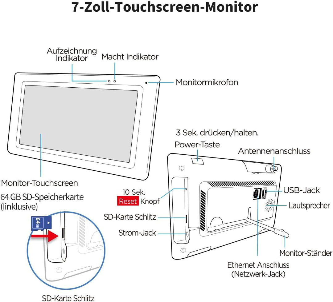 SecuFirst 2K Überwachungskamera Aussen mit Monitor, Arbeiten ohne WLAN | 7" Sensorbildschirm NVR Inn