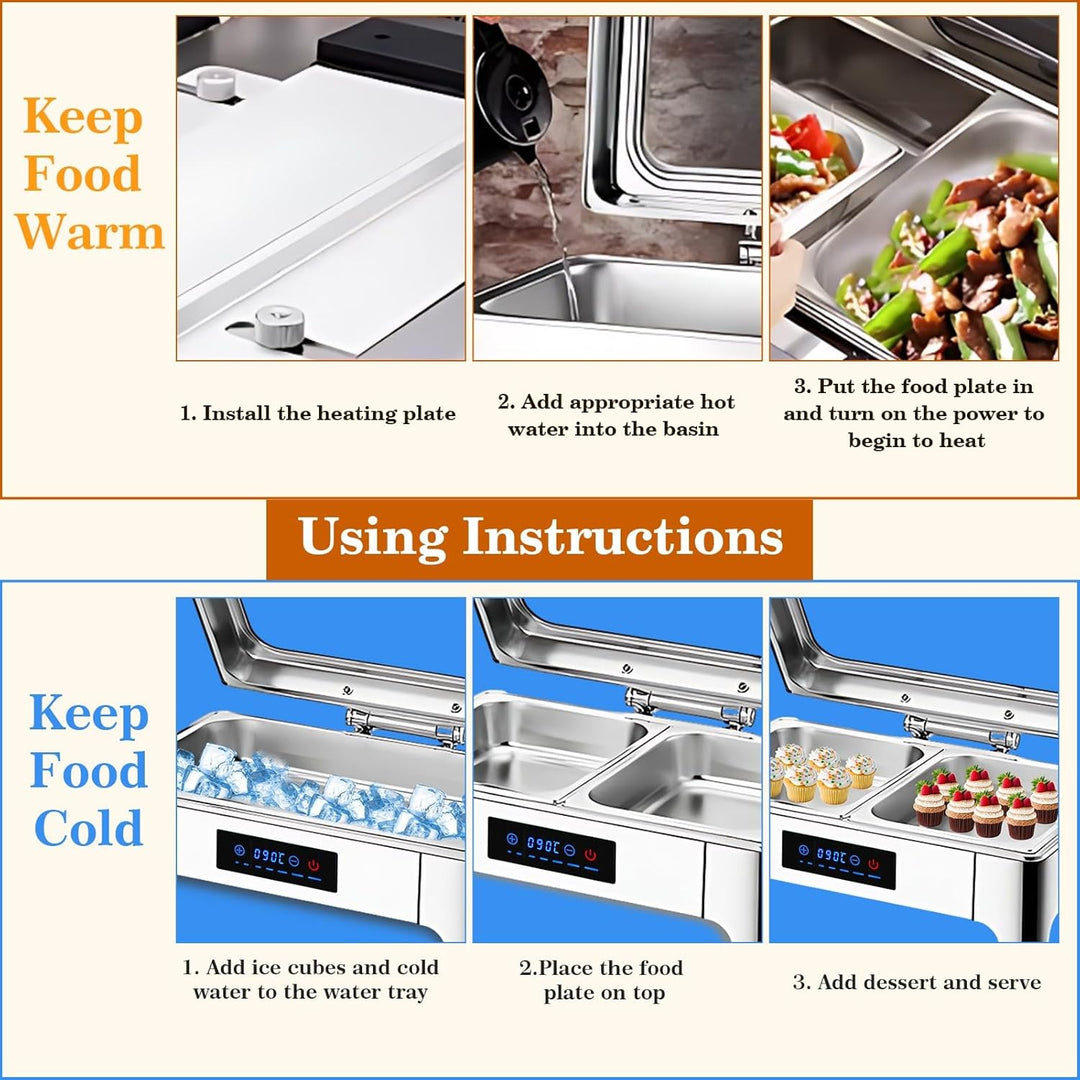 Chafing Dish Elektrisch, 9L Edelstahl Speisewärmer Buffetwärmer Einstellbare Temperatur, Warmhaltebe
