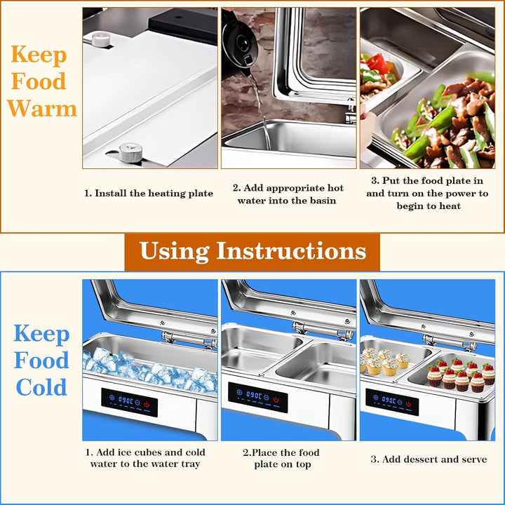 Chafing Dish Elektrisch, 9L Edelstahl Speisewärmer Buffetwärmer Einstellbare Temperatur, Warmhaltebe