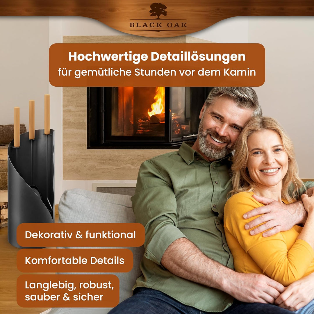 BLACK OAK Kaminbesteck VAIL 4-teilig - modernes Ofenbesteck Set schwarz mit Holzgriff 4 teilig mit S