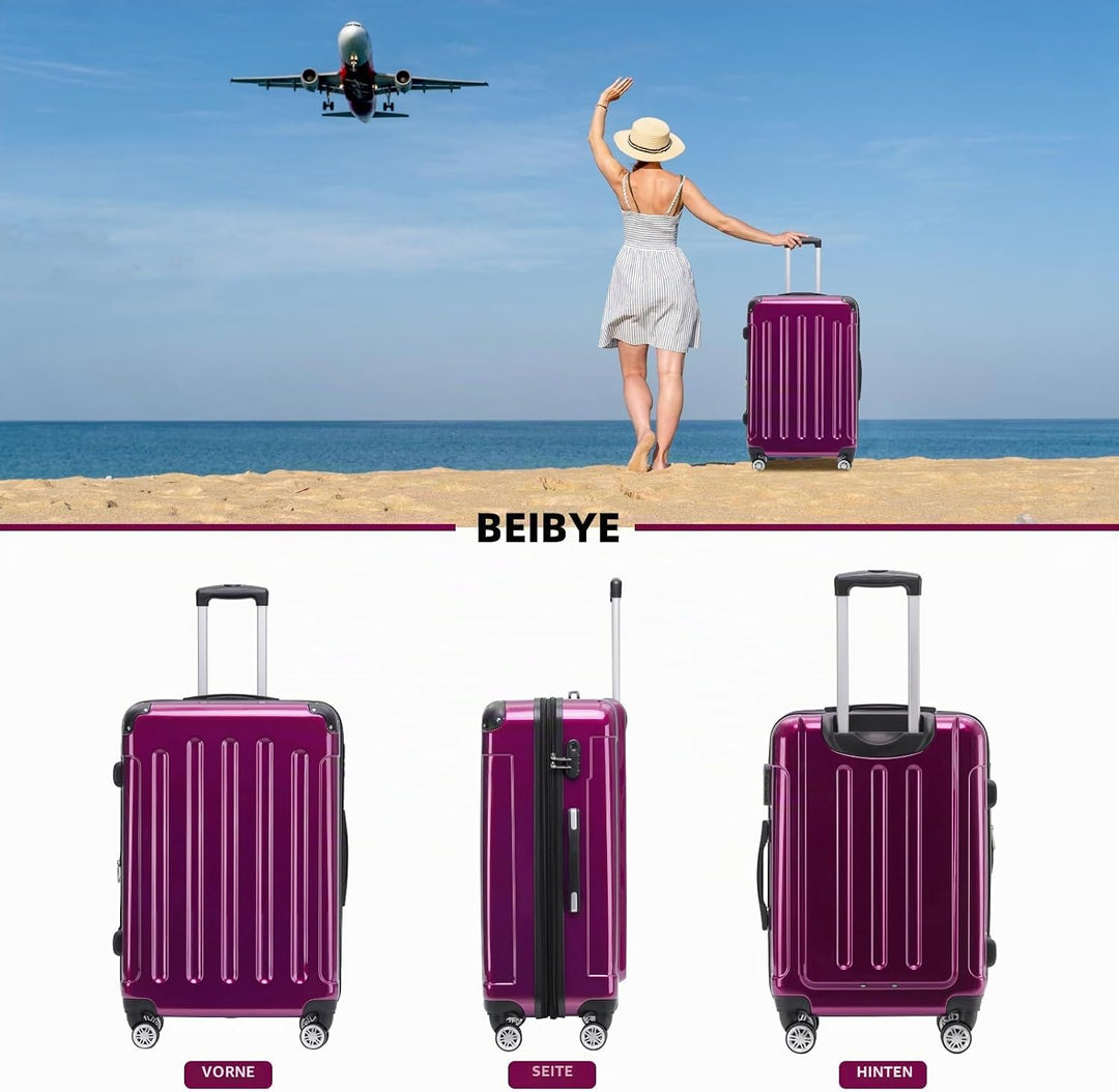 BEIBYE Zwillingsrollen 2048 Hartschale Trolley Koffer Reisekoffer in M-L-XL-Set in 15 Farben (Lila,