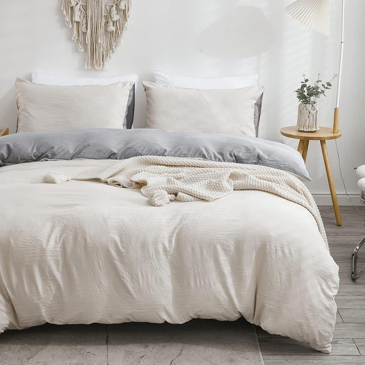 Freyamy Wendbar Bettwäsche 220x240cm 3teilig Beige GrauUnifarben Uni Wendebettwäsche Gewaschene Micr