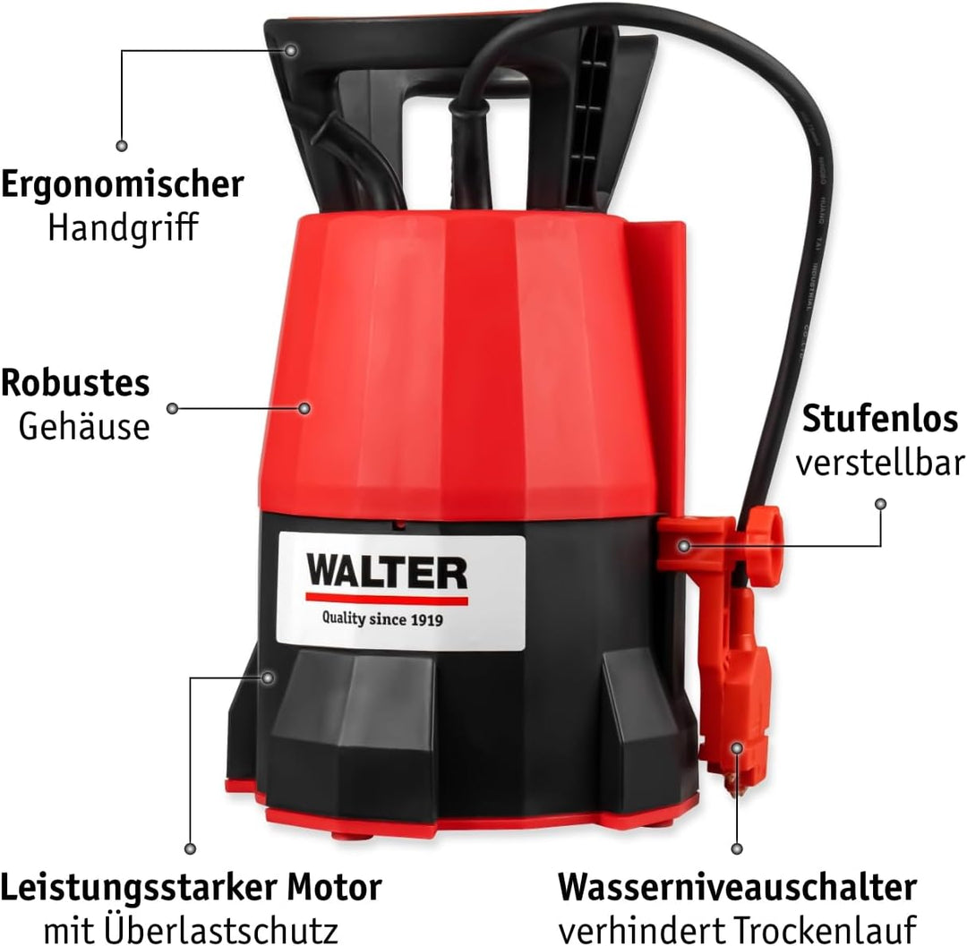 WALTER Klarwasser Tauchpumpe 400 W – 7000 L/h, 7 m Tauchtiefe, Flachsaugend (5 mm) – Schwimmschalter
