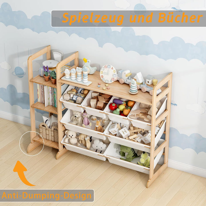 Spielzeug-Organizer mit 4 Regalen und 8 Behältern, Kinderschrank Holz Bücherregal für Kinder Aufbewa
