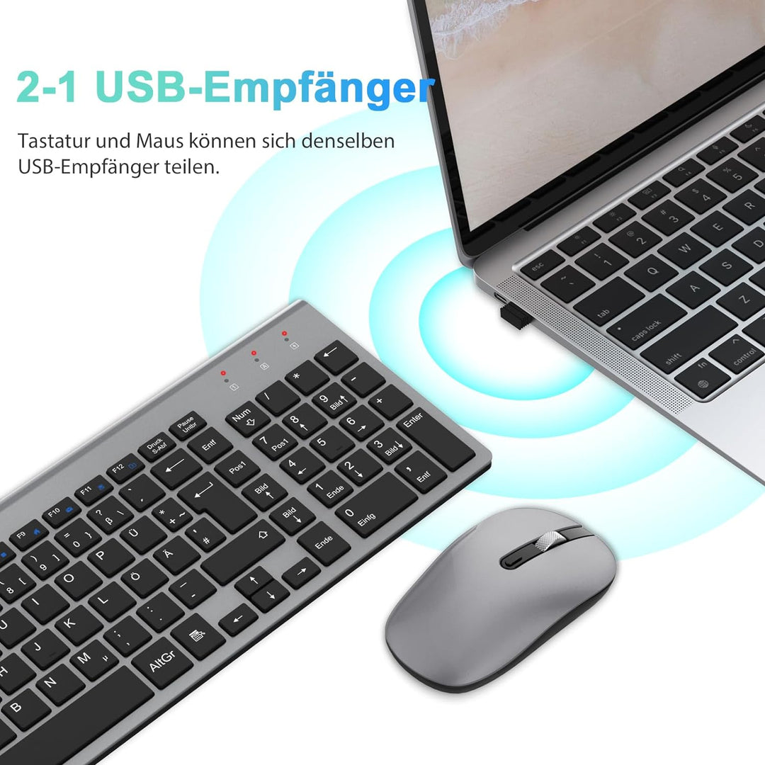 cimetech Tastatur Maus Set Kabellos, 2.4G Ultraslim Tragbare Funktastatur mit Maus Tastatur QWERTZ L