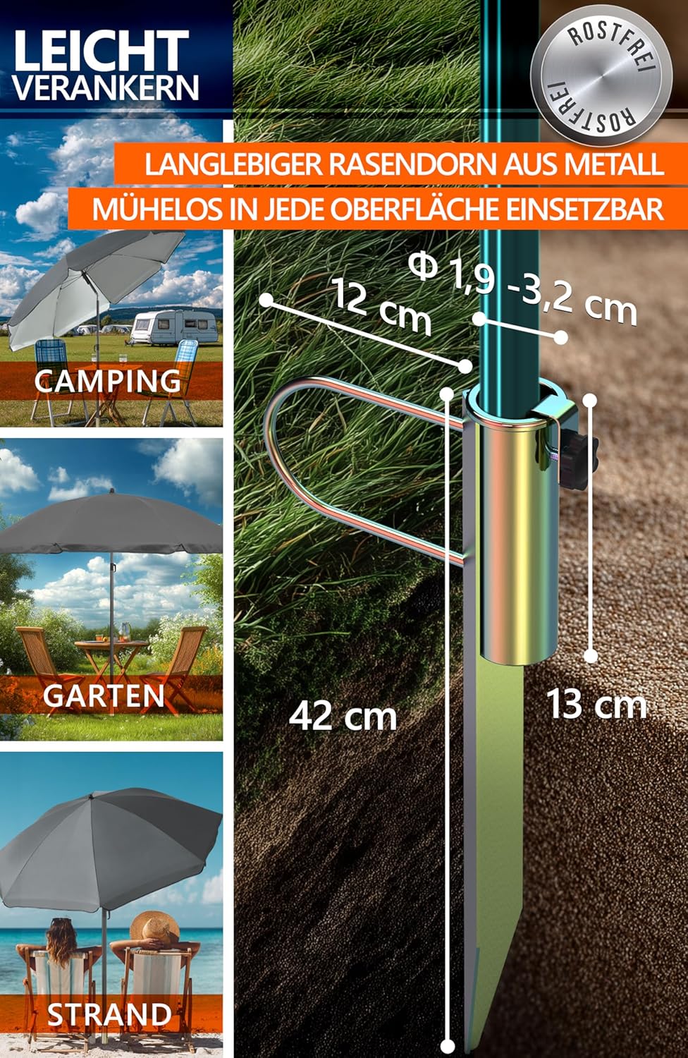 4smile Sonnenschirm Strand SunnyJoy, Anthrazit – 3er Set inkl. Strandschirm windfest stabil, Rasendo