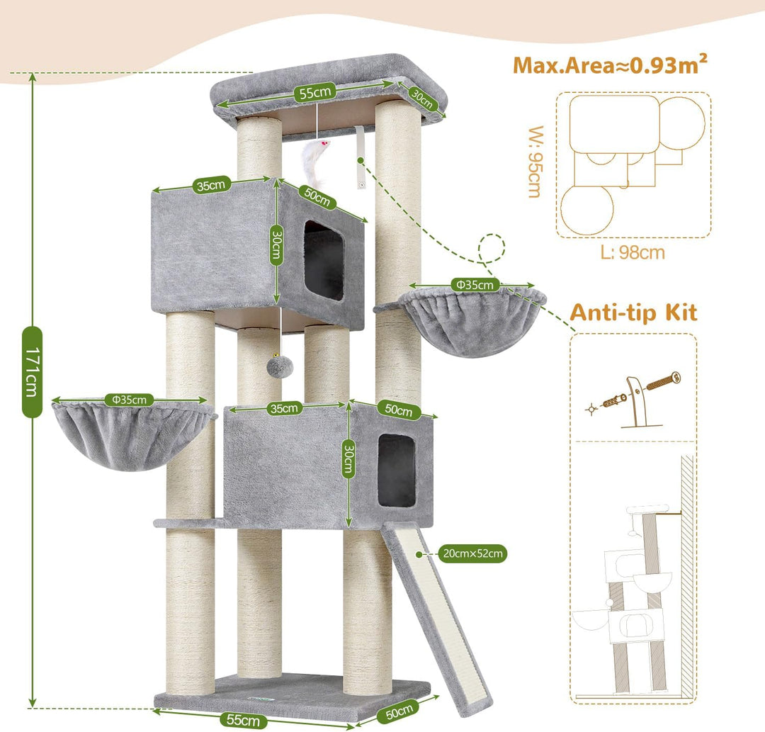 Globlazer Kratzbaum Dicke Stämme 11CM für Grosse Katzen mit 2 Extragross Katzenhaus 50*35*30cm, Ausr
