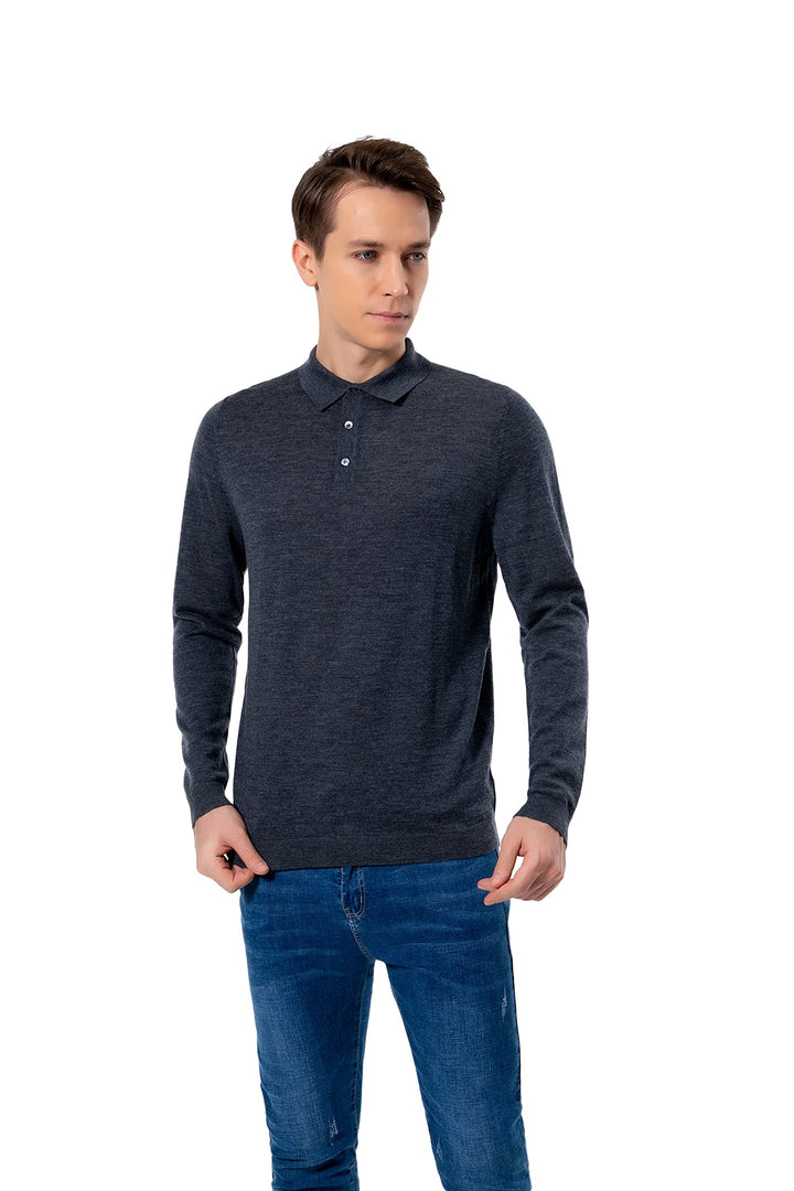 WOSICA Men's 100% Extrafine Merino Wool Long Sleeve Polo S Charcoal, S Charcoal