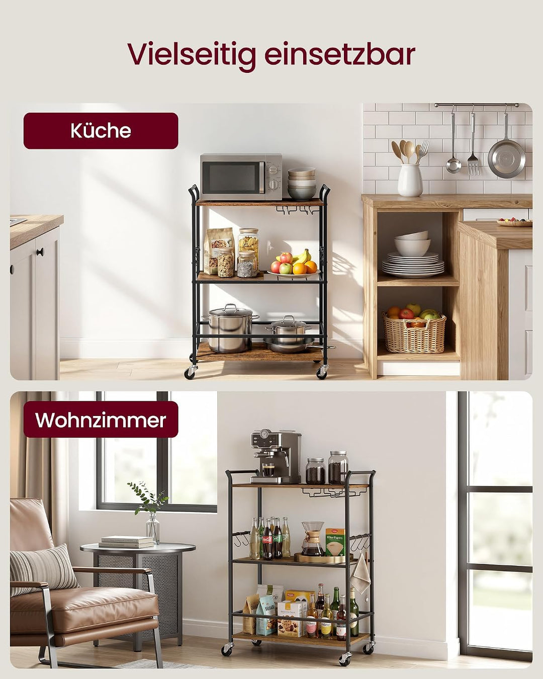 VASAGLE Servierwagen, Küchenwagen, abnehmbares Tablett, mit verstellbaren Füssen und Rollen, Küchenr