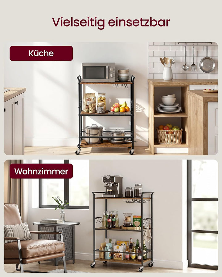 VASAGLE Servierwagen, Küchenwagen, abnehmbares Tablett, mit verstellbaren Füssen und Rollen, Küchenr
