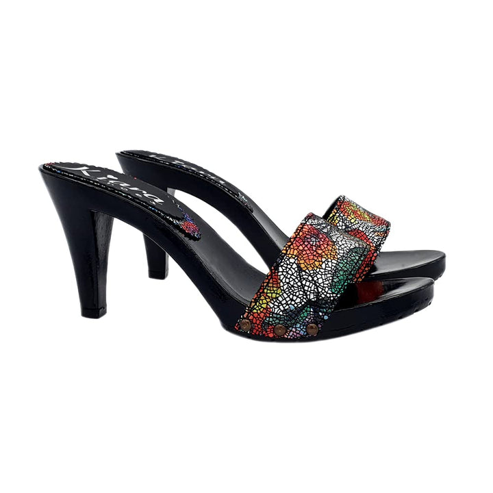 Kiara Shoes SCHWARZE Holzschuhe mit verziertem Lederobermaterial - 9 cm Absatz - K6503 PIC NERO (40