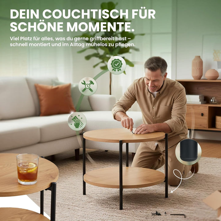 CLP Couchtisch rund Holz Edduma, Sofatisch 2 Ebenen mit Stauraum, Beistelltisch klein Metallgestell