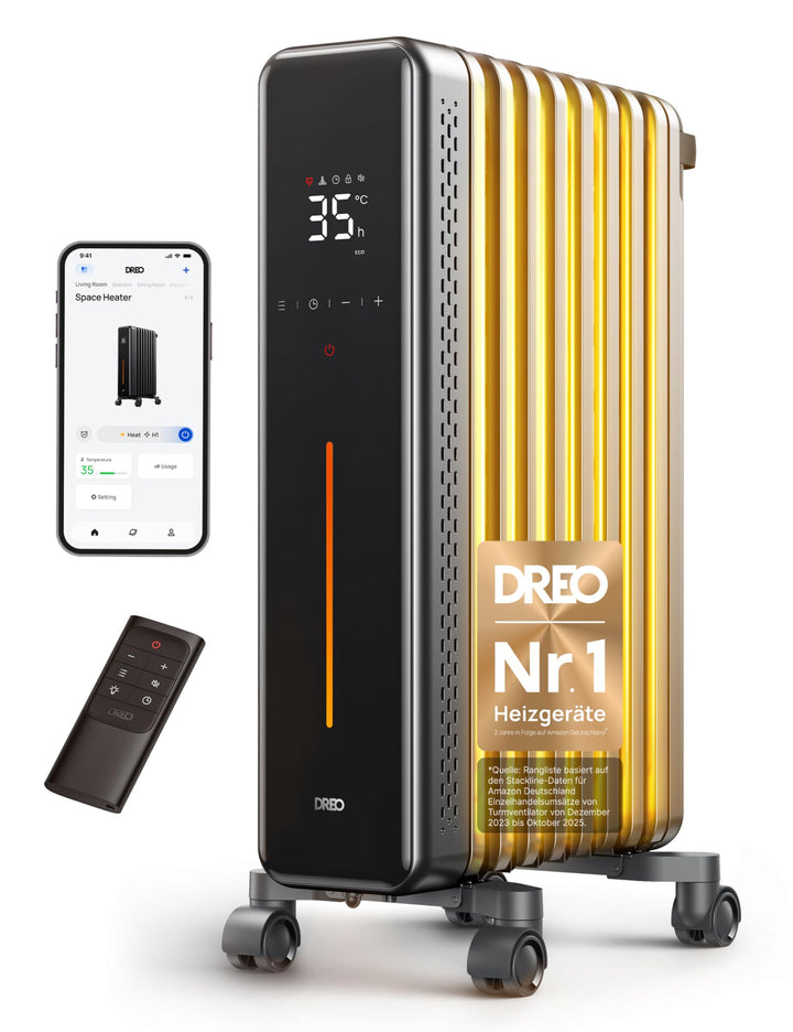 Dreo Ölradiator Energiesparend, 2000W Elektroheizung mit 9 Rippen, 3 Heizstufen, 4 Modi, 24h Timer,