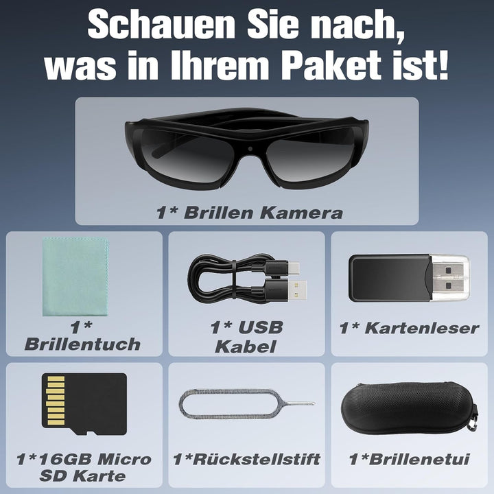 Klein Brillen Kamera HD 1080P, Tragbar Videorecorder ohne WLAN, Sonnenbrillen Action Kamera für Vide
