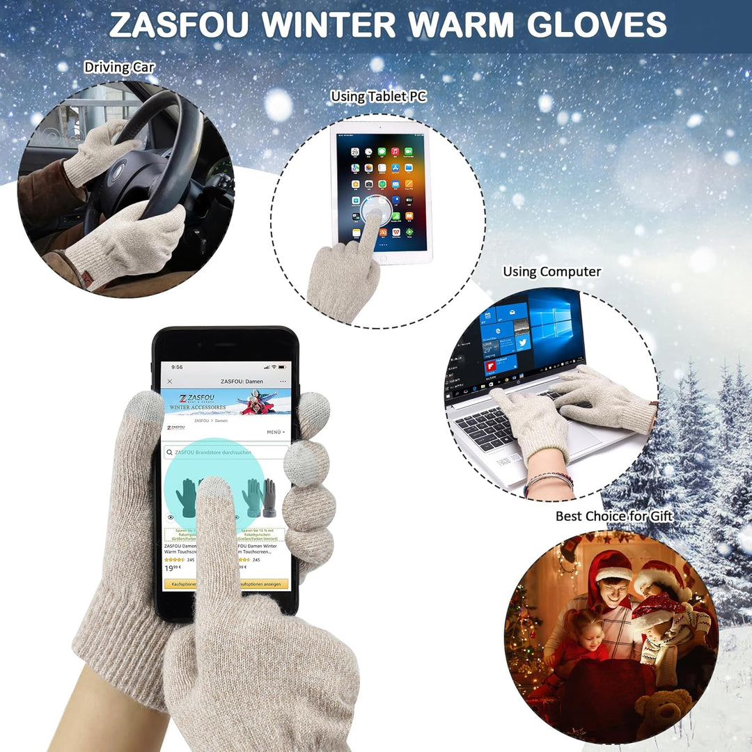 ZASFOU Damen Winter Mütze Schal Touchscreen Handschuhe Set Thermo Beanie Wintermütze Strickmütze Sch