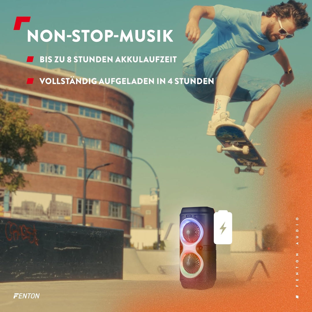 Fenton Track210 Bluetooth Lautsprecher – Party Musikbox 100 Watt mit LED Lichtshow, Akku 8 h, USB/mi
