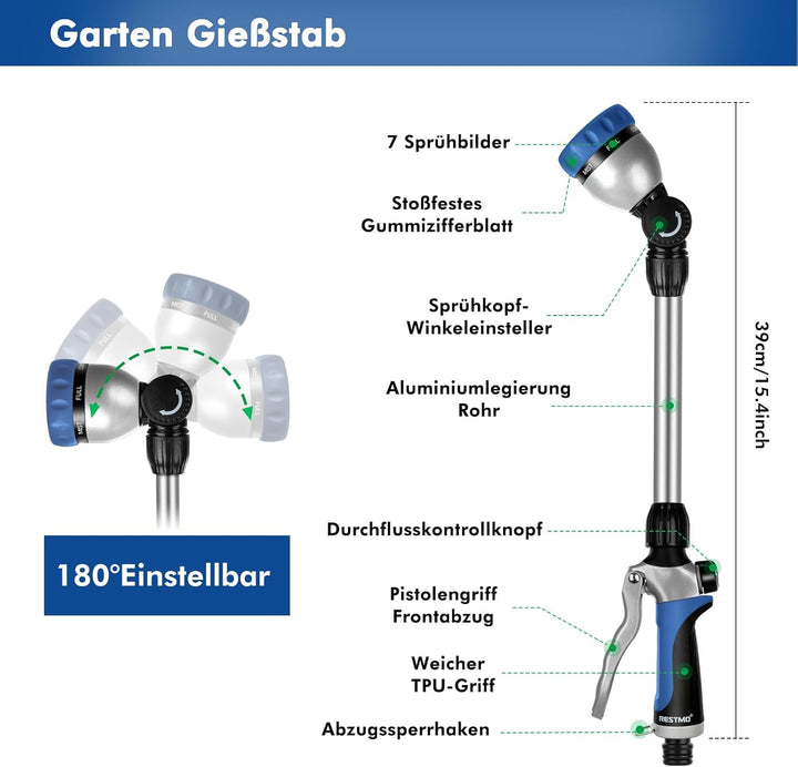 RESTMO Garten Giessstab Metall, 39cm Lang Gartenbrause mit Stiel, 180° schwenkbaren Kopf Stabbrause