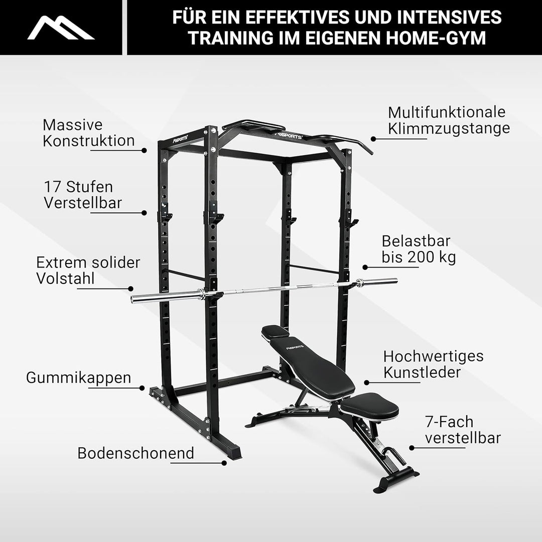 MSPORTS Power Rack Premium Cage H/B/T - 215x120x140 cm Kraftstation bis 200 kg Hantel Käfig Squat Fi