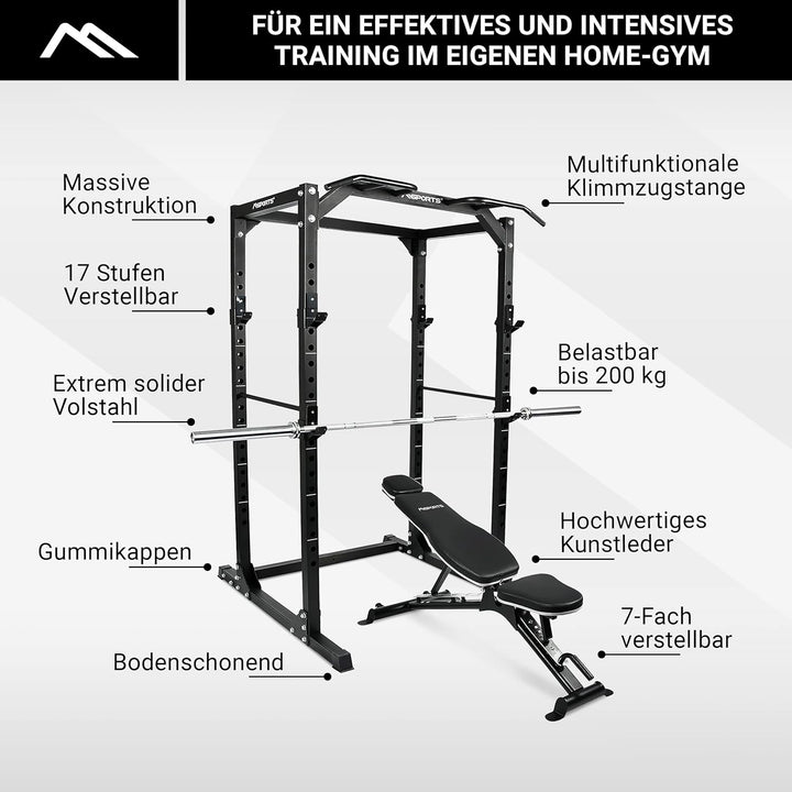 MSPORTS Power Rack Premium Cage H/B/T - 215x120x140 cm Kraftstation bis 200 kg Hantel Käfig Squat Fi