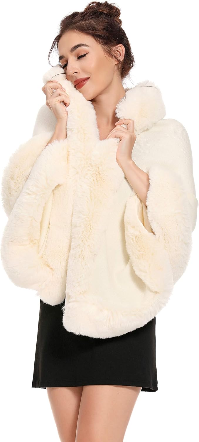 ZLYC Damen Winter Kunstpelz Poncho Cape Strick Schal Stola Warm Cardigan Beige, Beige