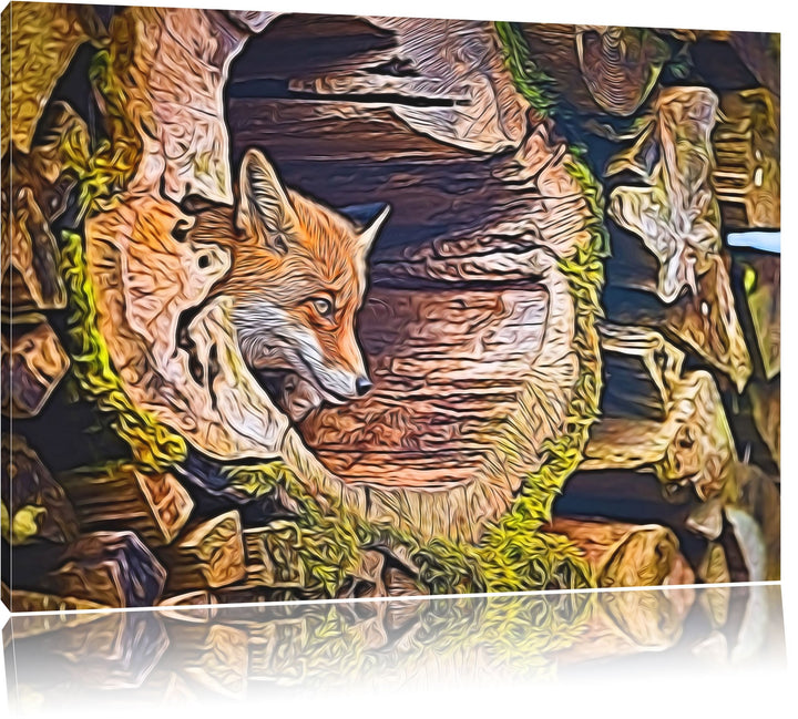 Fuchs im Baumstamm Deluxe Format: 100x70 cm auf Leinwand, XXL riesige Bilder fertig gerahmt mit Keil