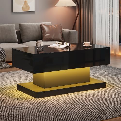 Merax Couchtische 100x50x45 cm, Hochglanz-Lift-Teetisch, Kaffeetisch mit LED-Beleuchtung – Halbhebba