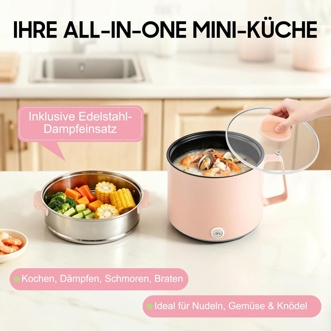 1.7L Elektrischer Hot Pot Mit Dampfgarer, Mehrzweckpfanne Tragbare Mini Antihaft Kochtopf mit Doppel
