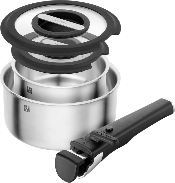 ZWILLING Unlock Kochtopfset 5-tlg (Kochtopf 20+16 cm, Griff, 2 Glasdeckel), Stapelbar, Abnehmbarer G