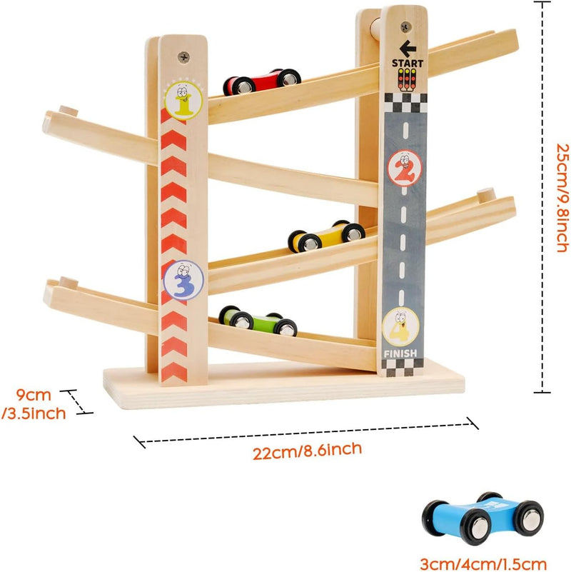 Holz Kugelbahn Autorennbahn mit 4 Autos Zick-Zack-Autorutsche Autorennbahn Holz Spielzeug Rennbahn L