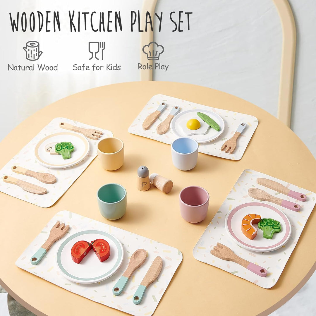 Atoylink Kinderküche Zubehör Holz, 33 Pcs Geschirrset mit Tassen Teller, Spielküche Zubehör Geschirr