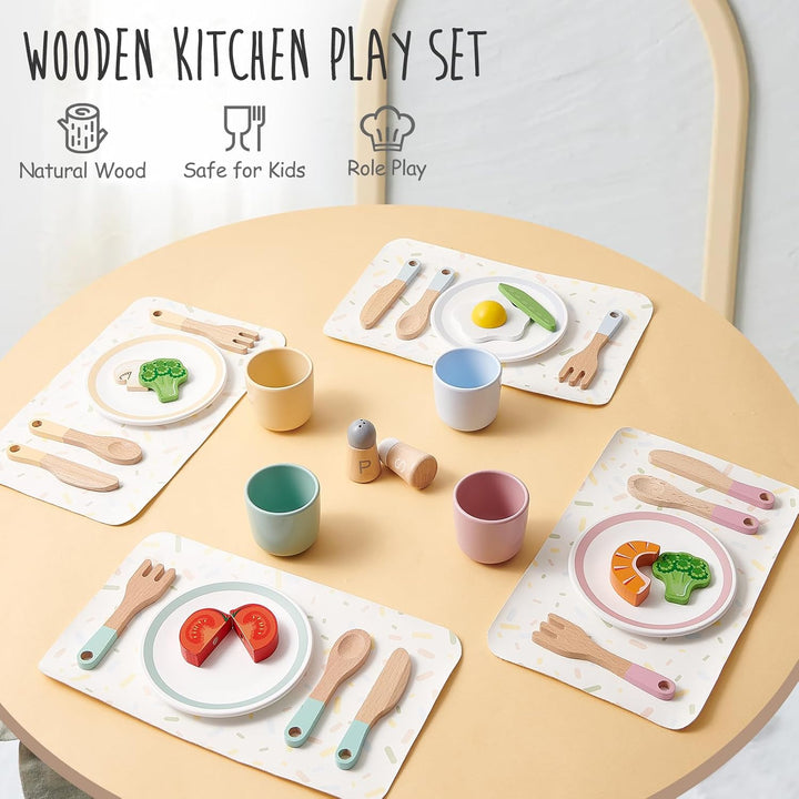 Atoylink Kinderküche Zubehör Holz, 33 Pcs Geschirrset mit Tassen Teller, Spielküche Zubehör Geschirr