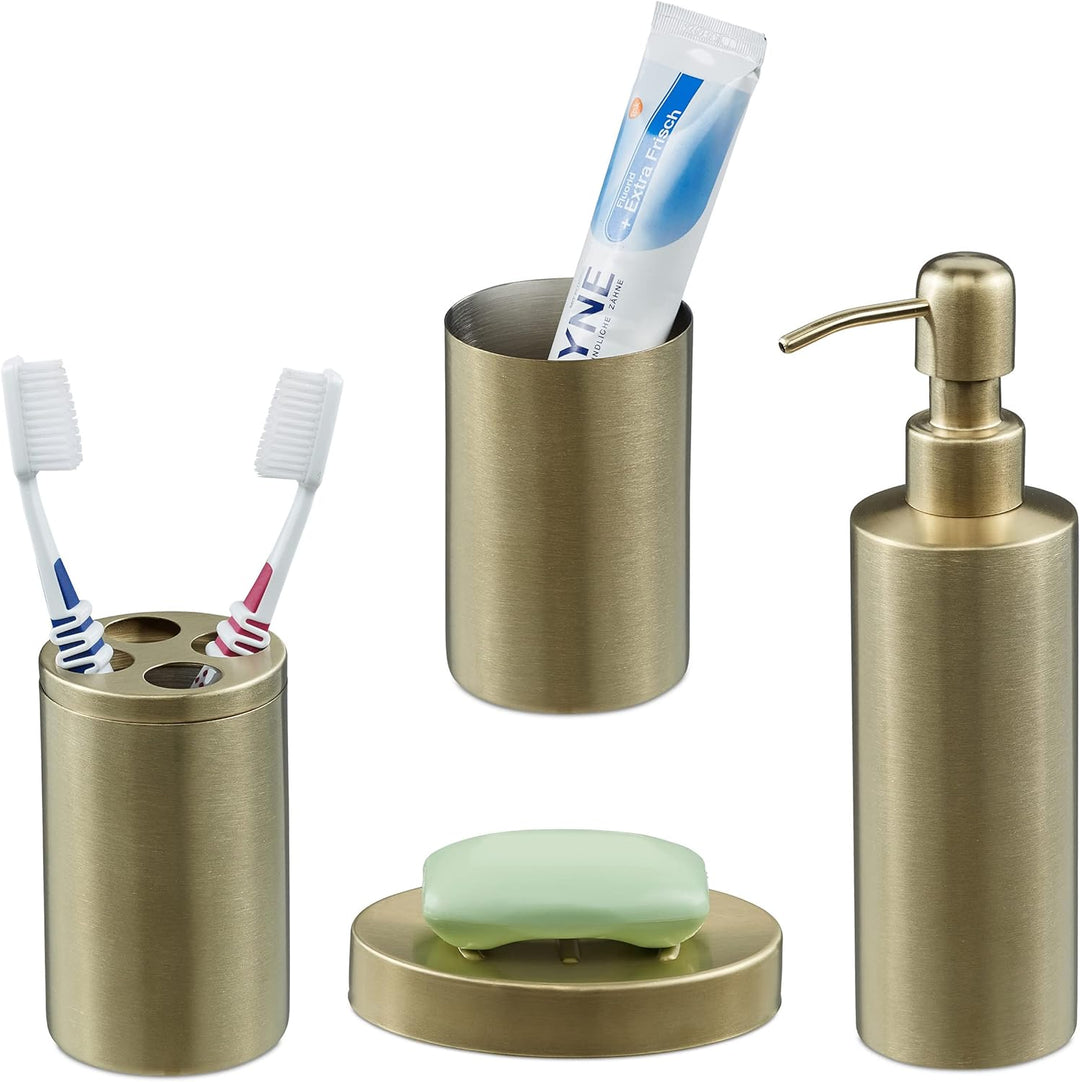 Relaxdays Badezimmer Set, 4-teilig, Badaccessoires Edelstahl gebürstet, komplette Badezimmerausstatt