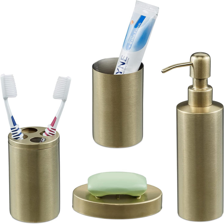 Relaxdays Badezimmer Set, 4-teilig, Badaccessoires Edelstahl gebürstet, komplette Badezimmerausstatt