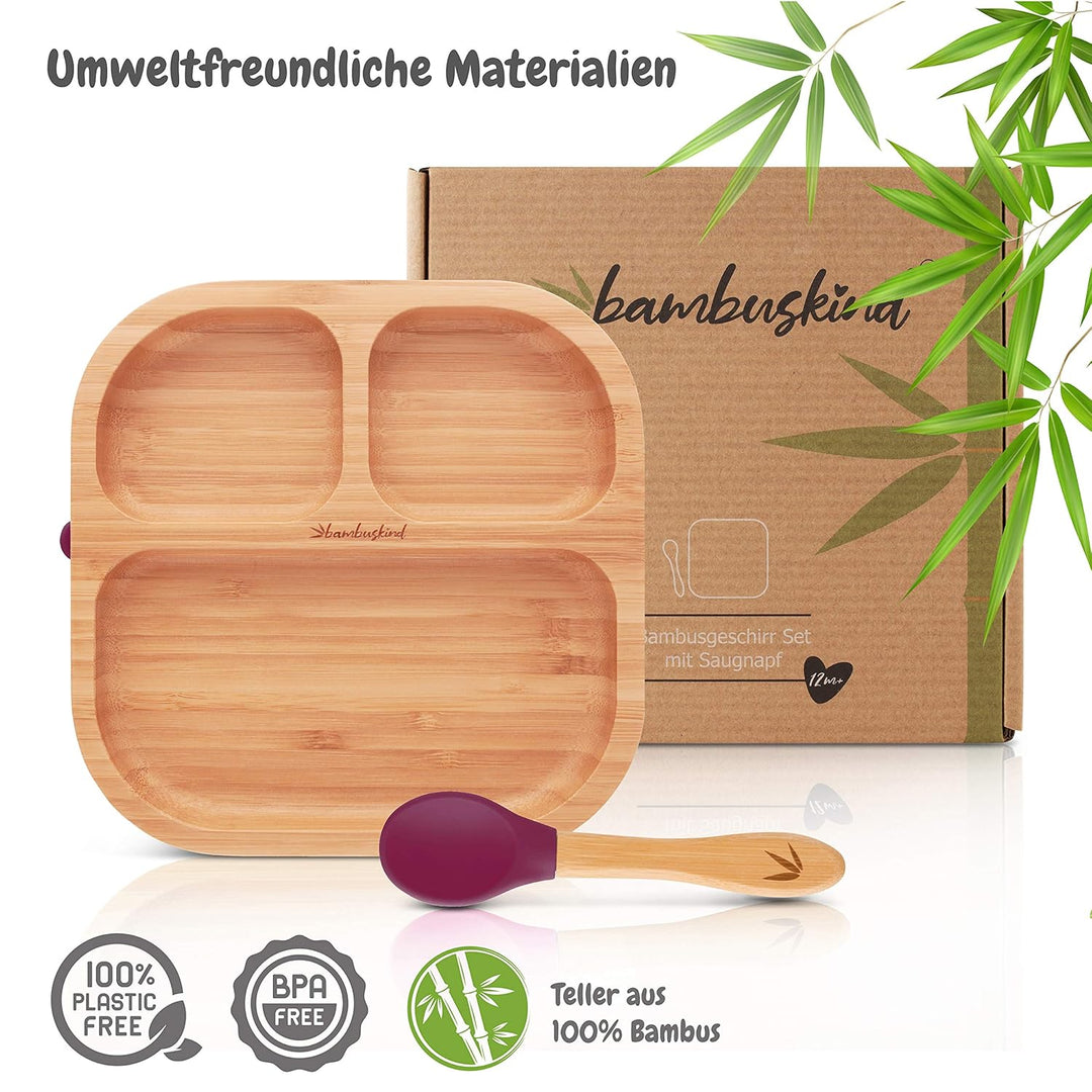 Kinderteller mit Saugnapf kirsche I Inkl. Rezepte-Ebook I rutschfester Babyteller aus Bambus mit Löf