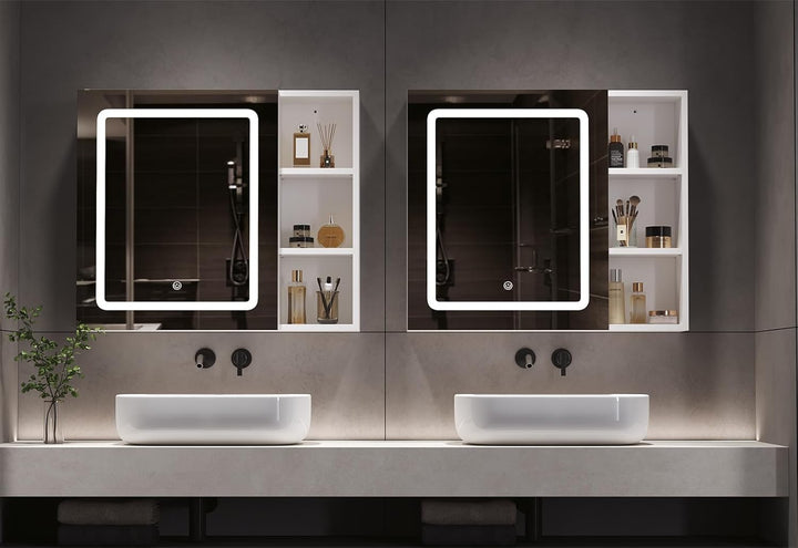 DICTAC Spiegelschrank Bad mit LED Beleuchtung 70x60x16cm Einzeltür Badezimmer spiegelschrank mit Ein