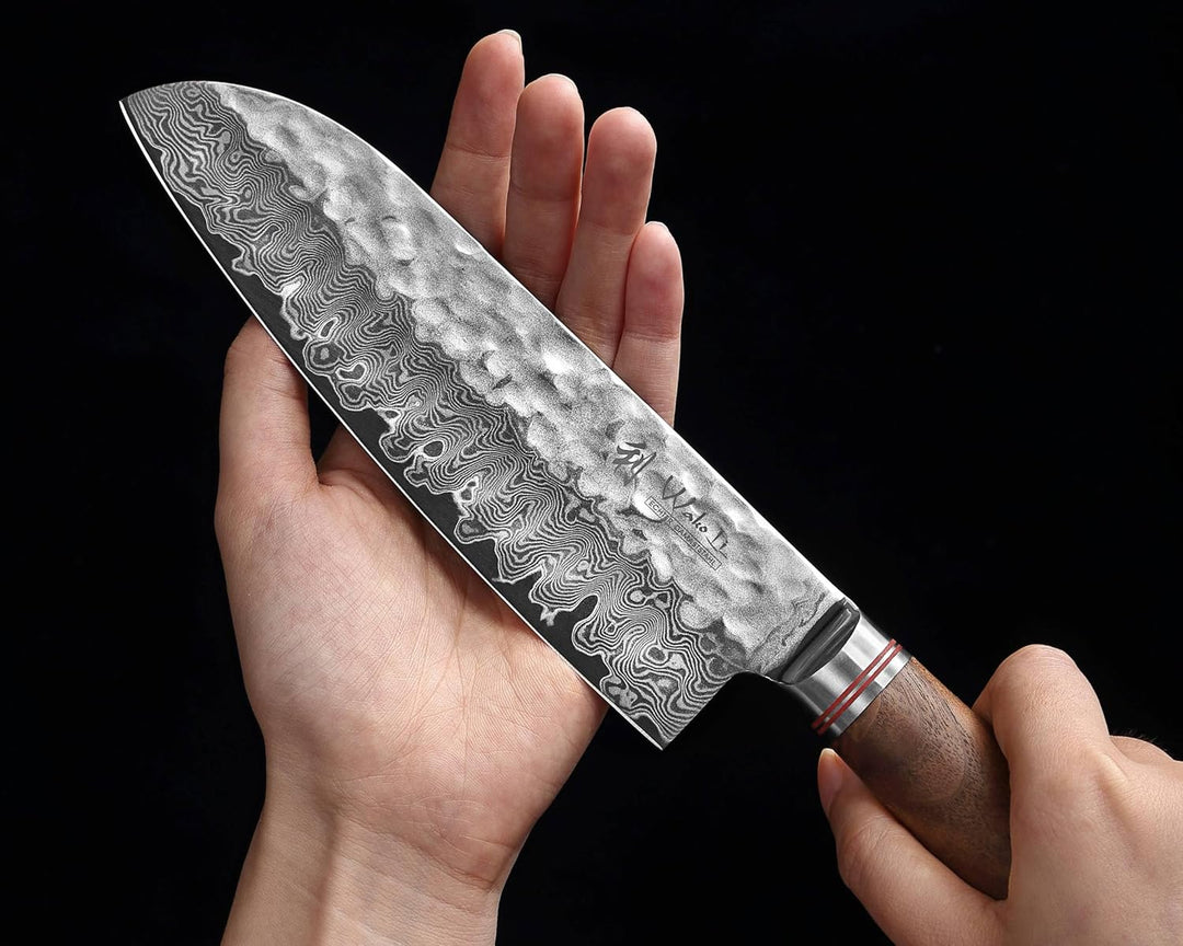 Wakoli Nussbaum Exklusives 3er Messerset – Premium Damast Santoku Messer, Kleines Santokumesser & Of