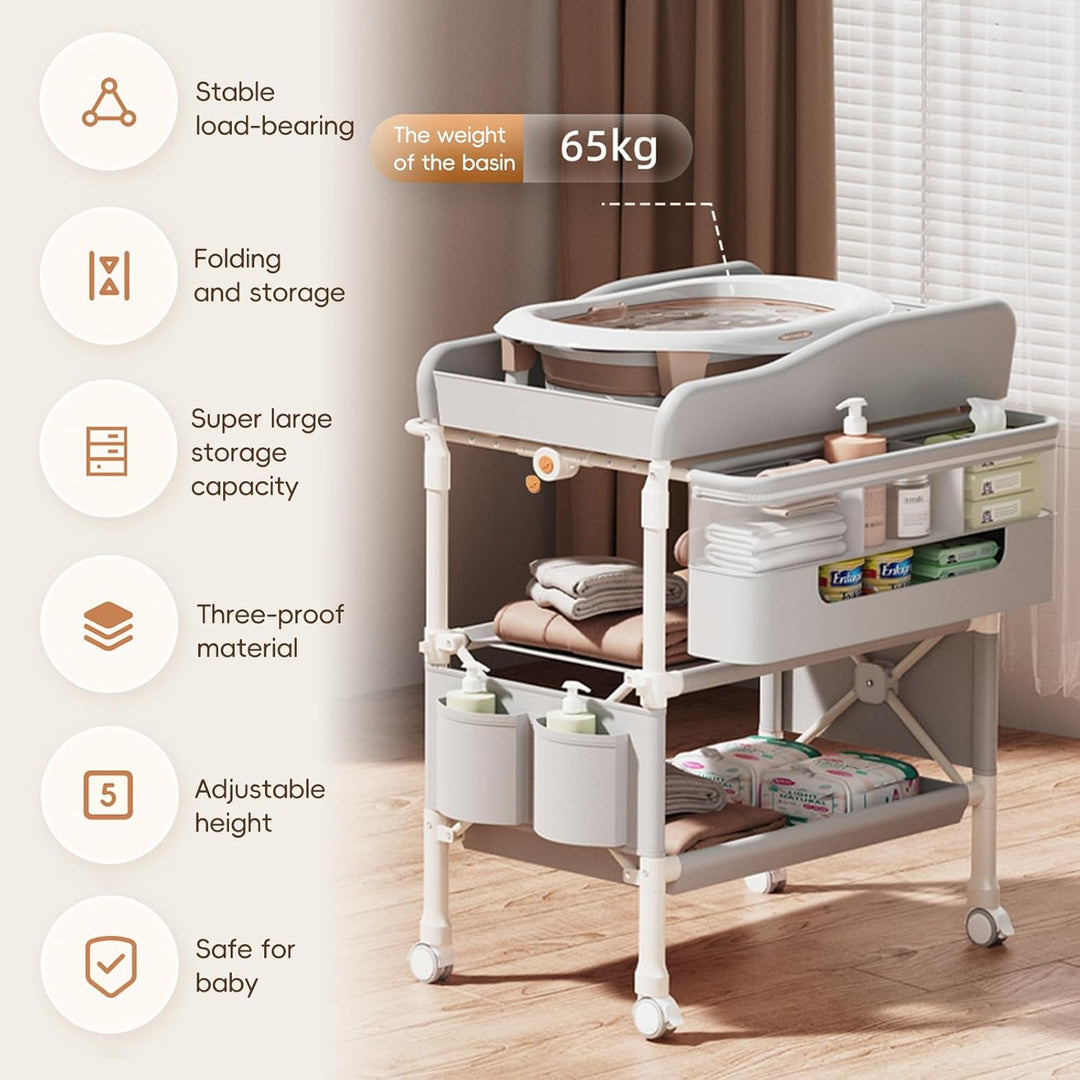 Tragbarkeit Klappbarer Wickeltisch, Multifunktionaler Baby Wickelkommode mit Schubladen, Höhenverste