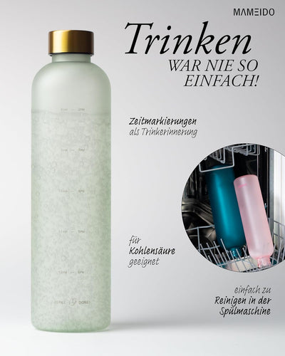 MAMEIDO Trinkflasche 1l & 1,5l Kohlensäure geeignet, auslaufsichere Trinkflasche mit Zeitmarkierung