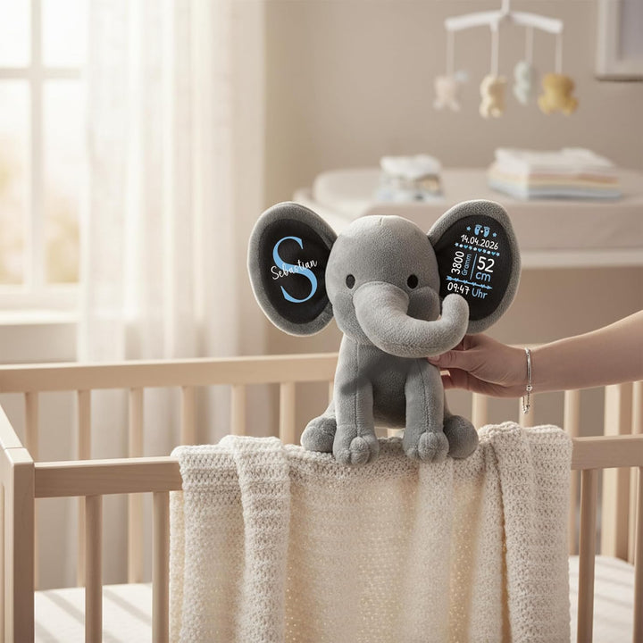 Plüschtier - Personalisiertes Babygeschenk zur Geburt Junge DEKO Elefant Kuscheltier mit Geburtsdate