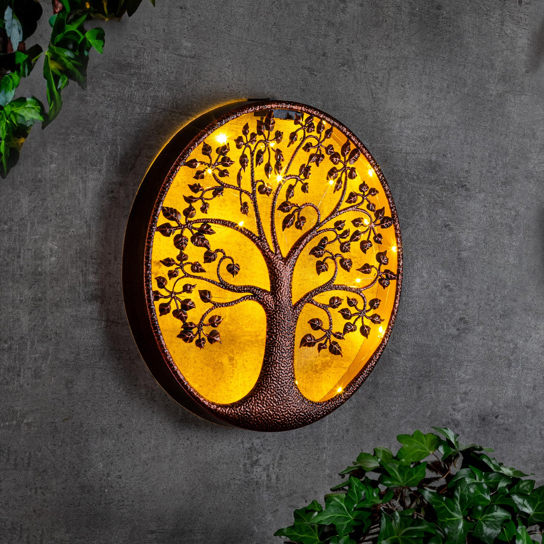 Spetebo LED Solar Wanddeko BAUM antik bronze - 40 cm - Metall Wand Bild warm weiss beleuchtet - Gart